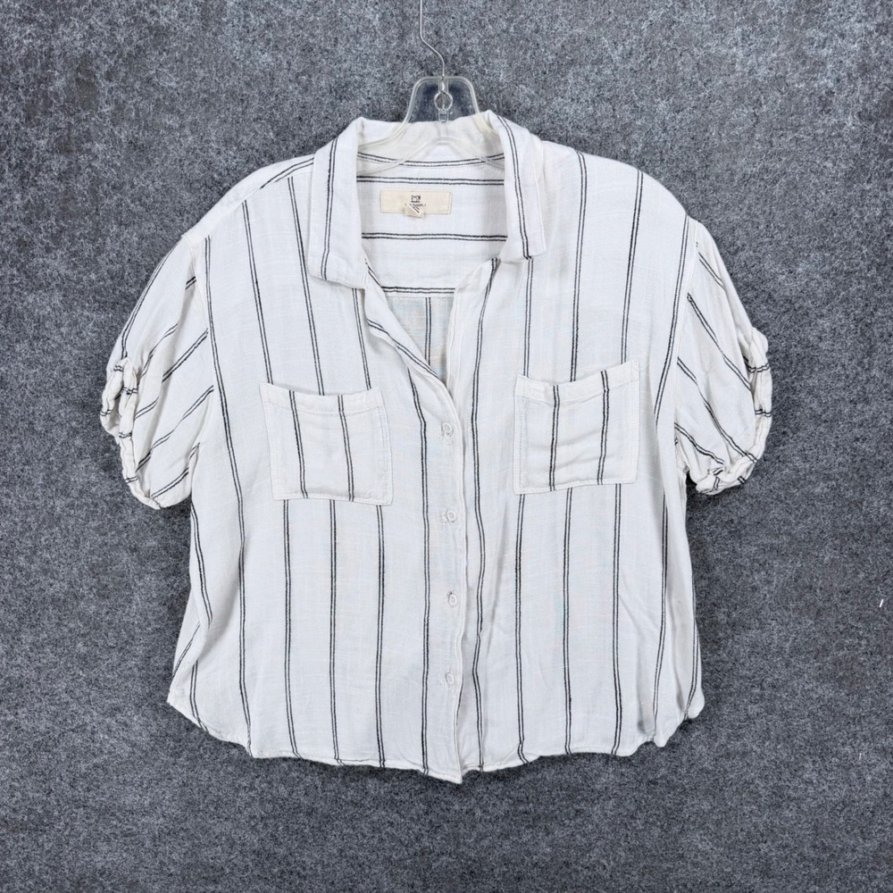 Thread & Supply Women XL White Black Pinstripe Button Front Shirt Rayon Linen